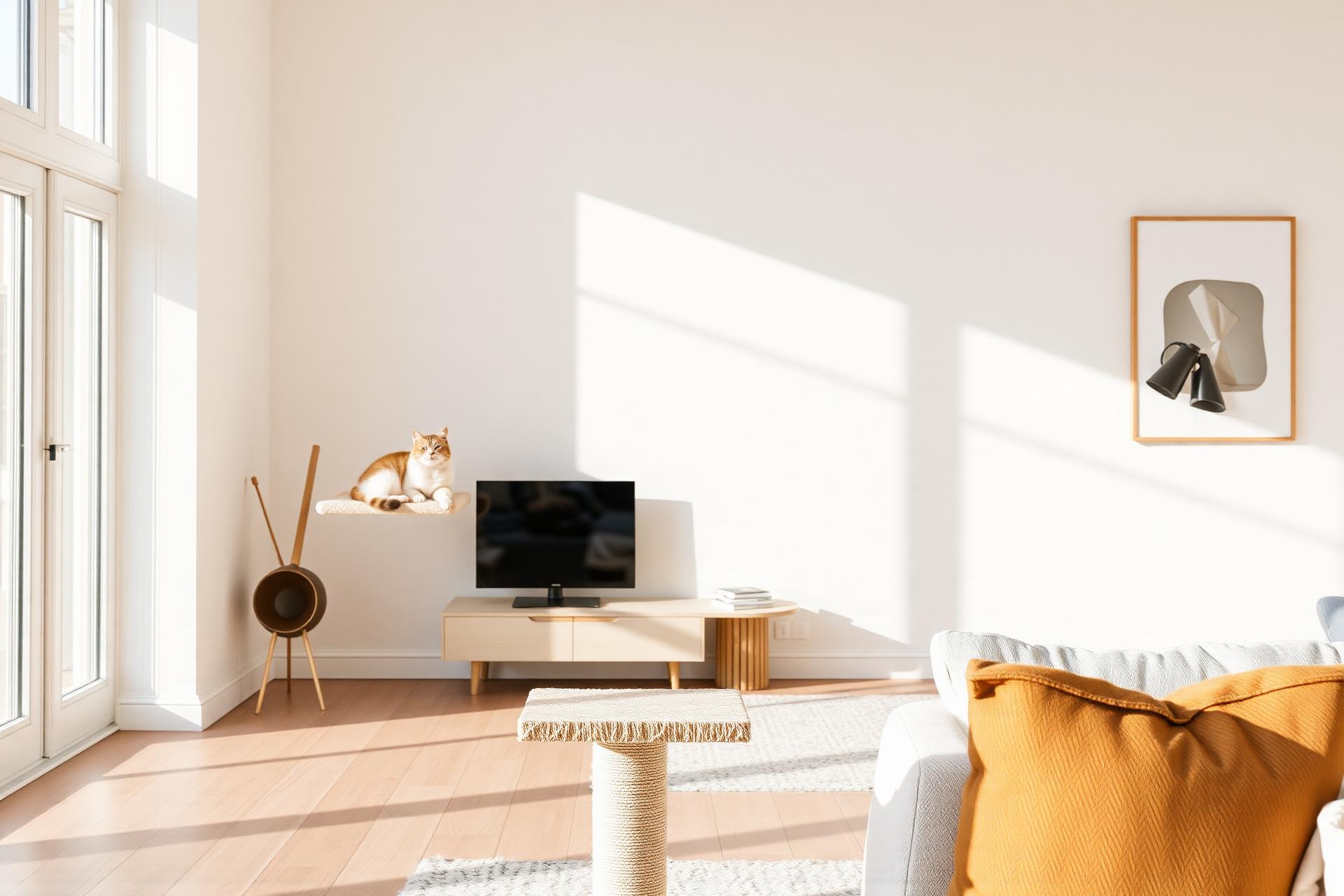 Cat resting on a premium cat tree in a bright modern living room
